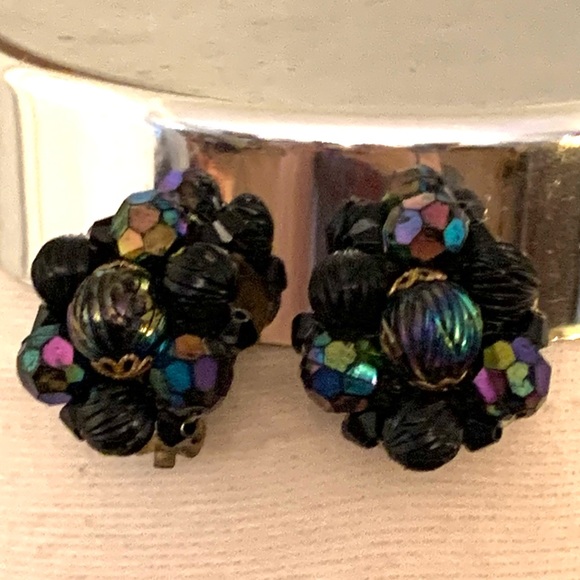 Vintage jet Black aurora borealis Necklace Earrings set west Germany 3 strands - Picture 2 of 15